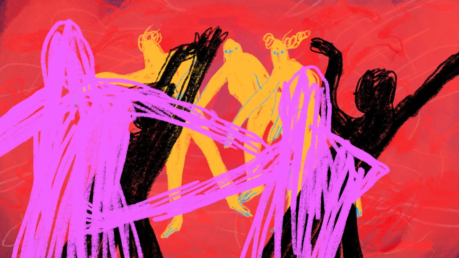 Rough composition of figures in pink, yellow and black, exploring bodily gestures