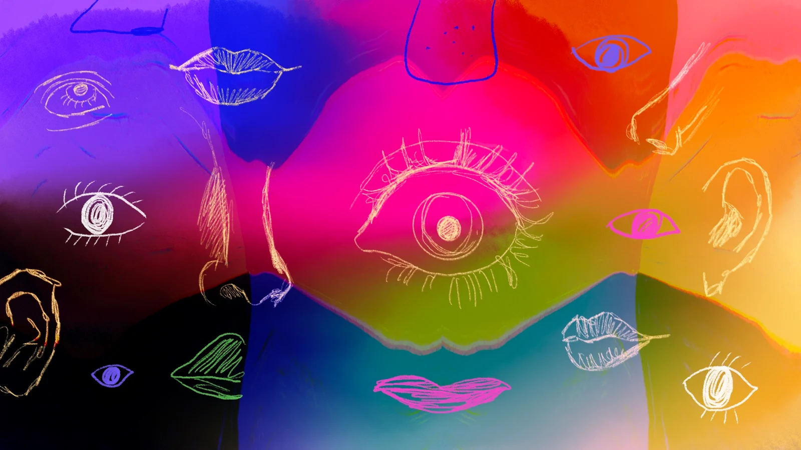 Composition study of eyes and mouths across a multicoloured panoramic field