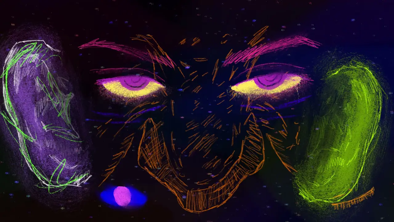 First frame of the reel: a hand-drawn face with violet and yellow eyes between two coloured shapes