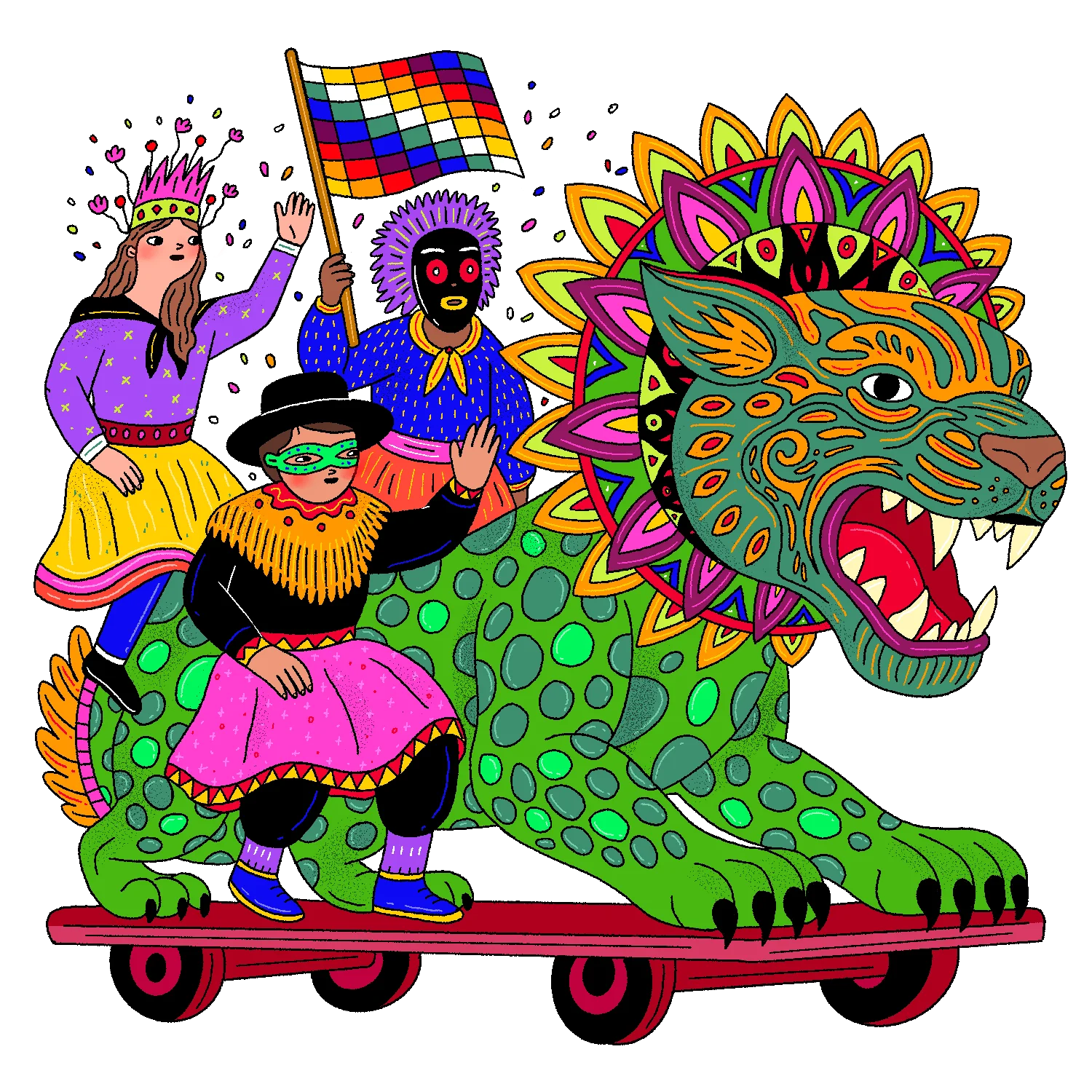 A parade float shaped like a green jaguar-dragon carrying revellers in masks and costumes, an illustration from Canva Represents Colombia