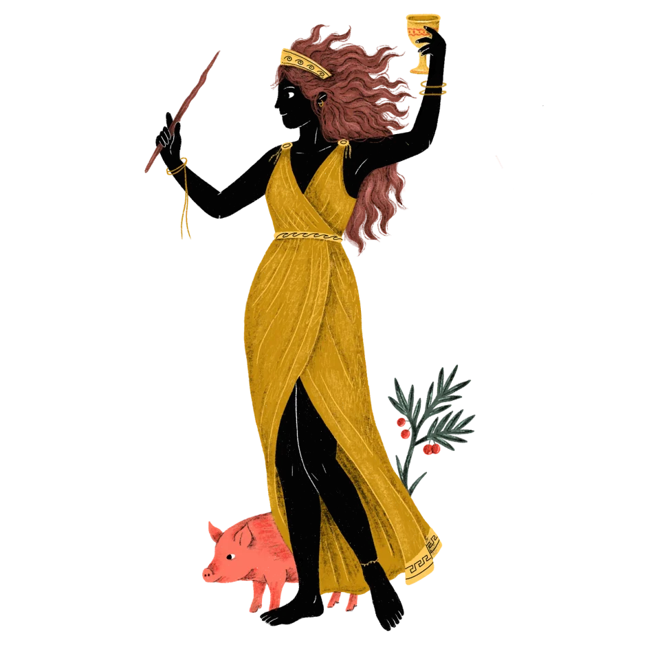 Vignette: Circe with her wand, her cup and a pig