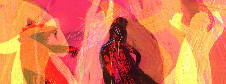An illustrated figure surrounded by warm colours