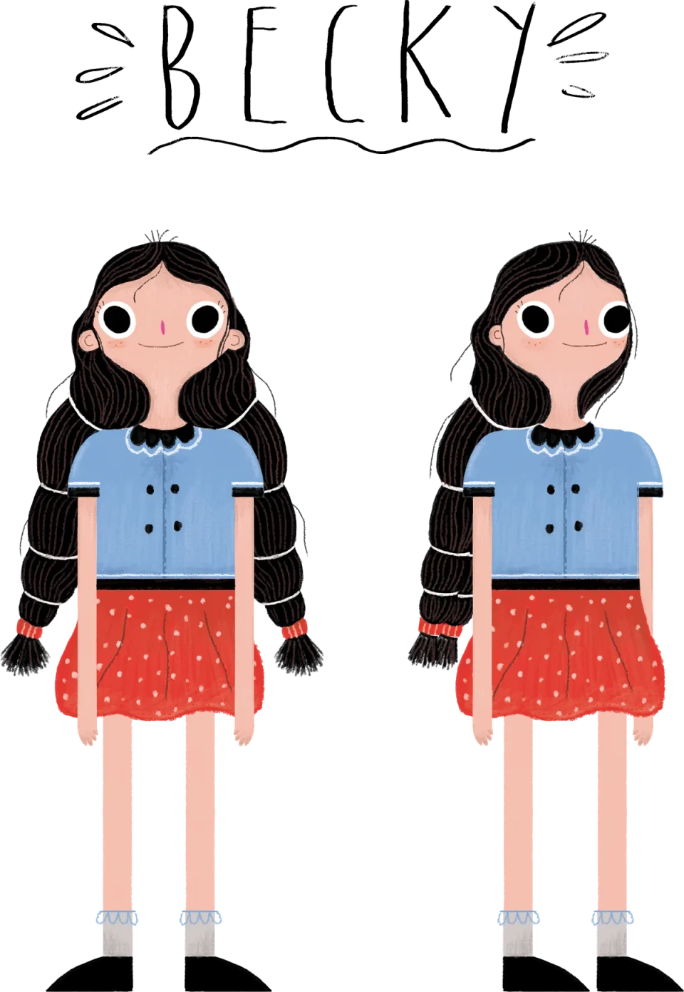Becky, in two poses with her hand-lettered name