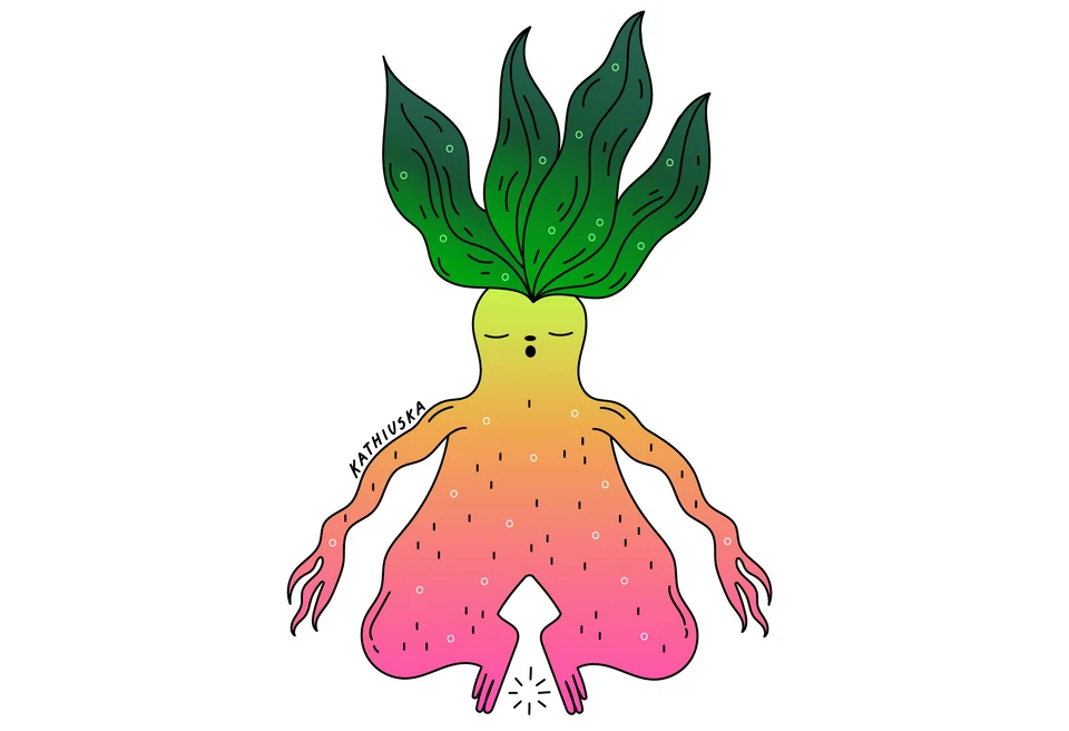 Pink and yellow mandrake-like character with a leafy green head and outstretched root-shaped limbs