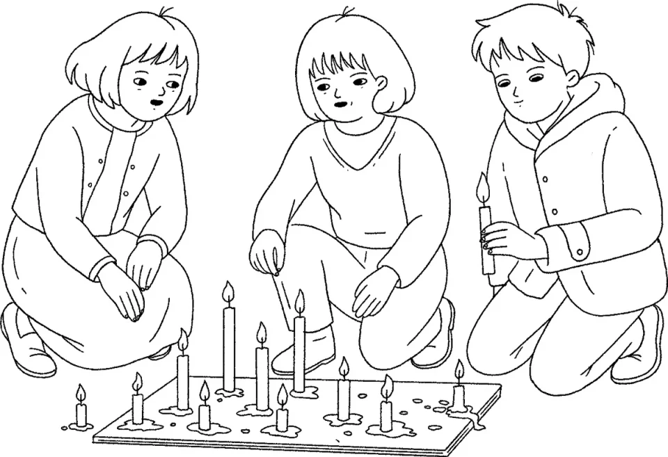 Line sketch: children lighting candles
