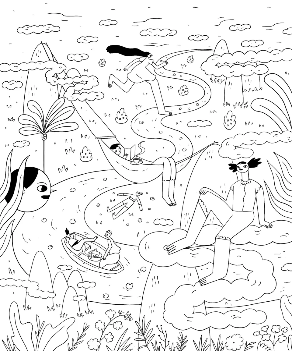 Sketch for the front panel of the Wake+Make bag: a mountain landscape in line