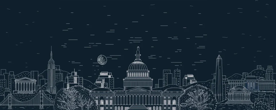 Monetarium Dialogs backdrop: the Washington skyline, with the Capitol, the Washington Monument and the Jefferson Memorial, in white line on navy