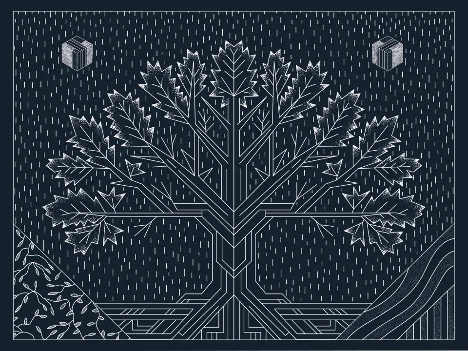 Monetarium 2025 interview backdrop: an oak drawn in white line on navy, with isometric cubes in the corners