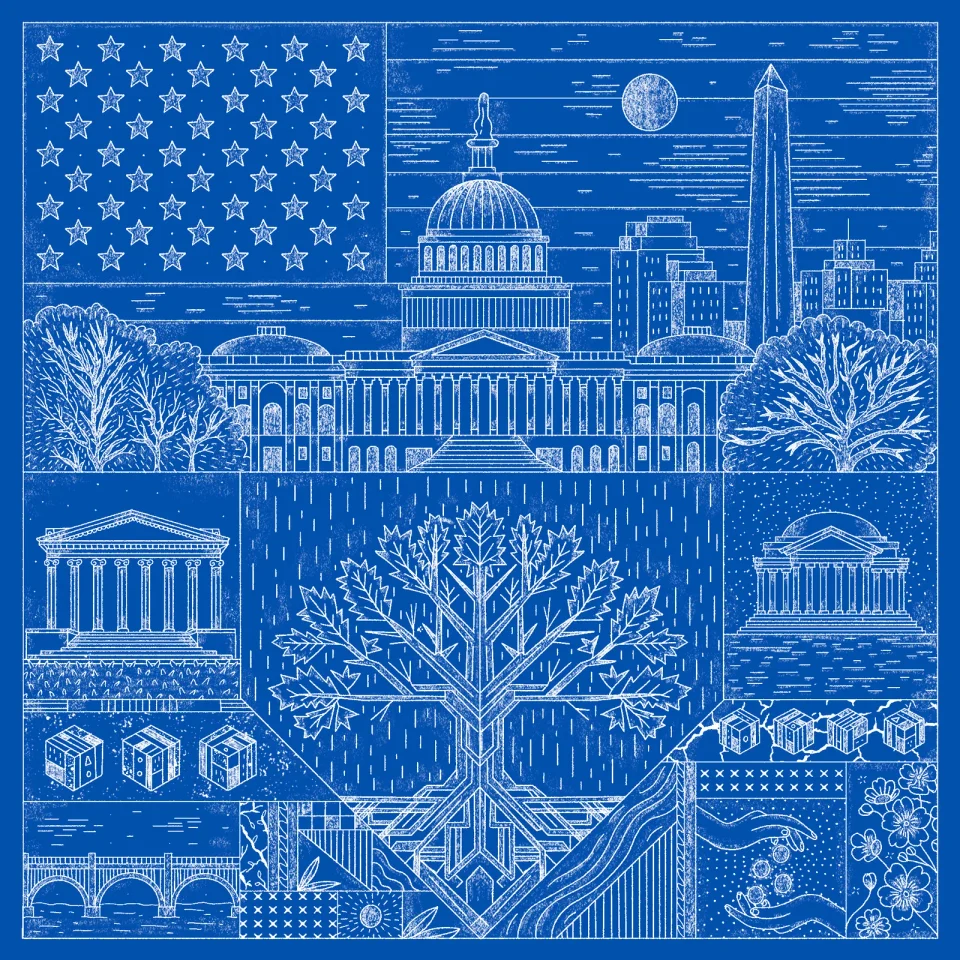 Monetarium 2025 key artwork in blue: flag, Capitol, Washington Monument, Jefferson Building, oak and cubes