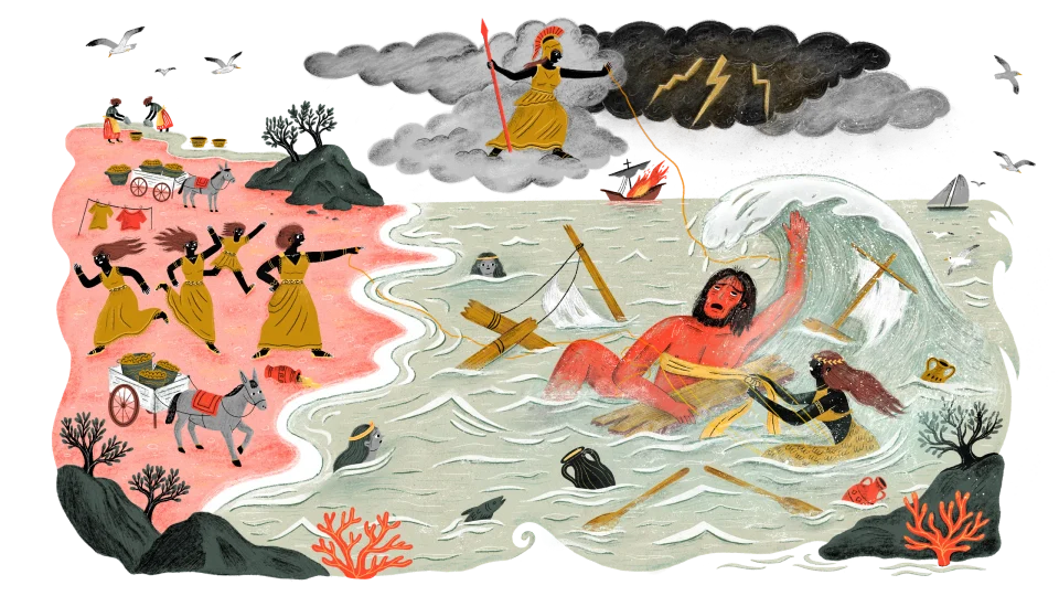 The Odyssey: a complicated man. The finished opening illustration, Odysseus and Athena among clouds and rocks above a stylised sea