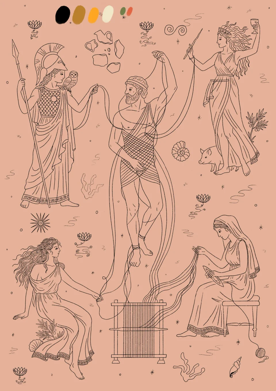 The first proposal sheet for the Odyssey illustrations: a pink concept board