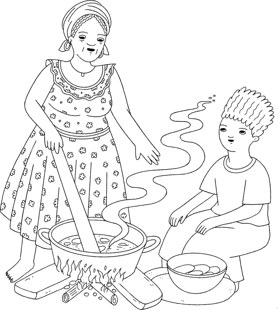 Line sketch: Palenquera cooking