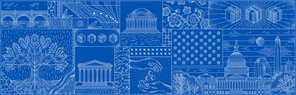 Monetarium 2 identity as a wide blue quilt: bridge, Jefferson Memorial, flag, Capitol, oak, hands and RToken cubes in white line