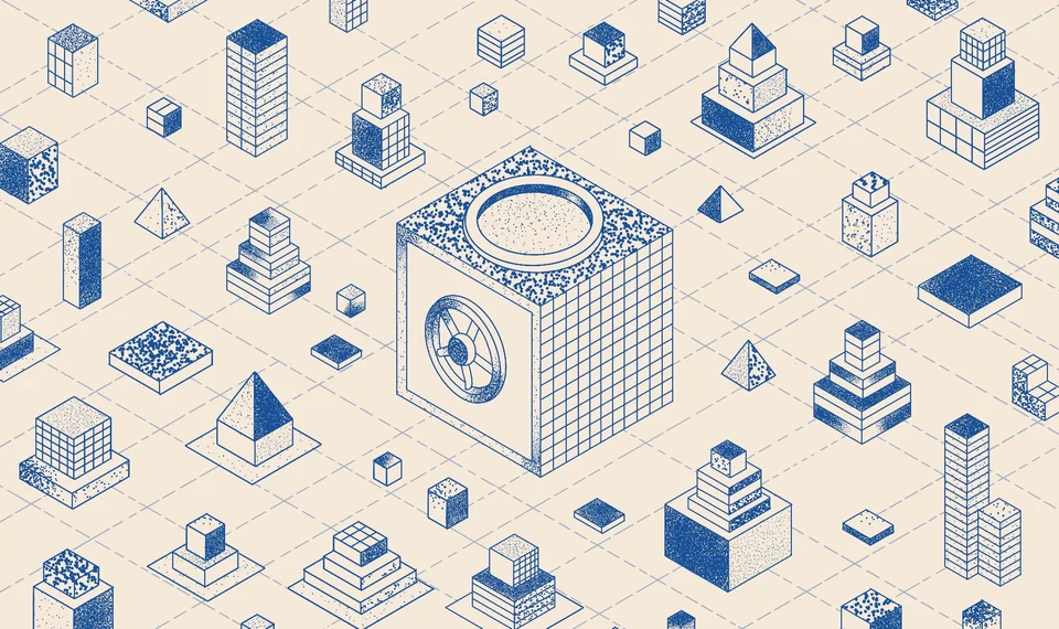 A vault surrounded by stacked geometric forms, illustration for investors
