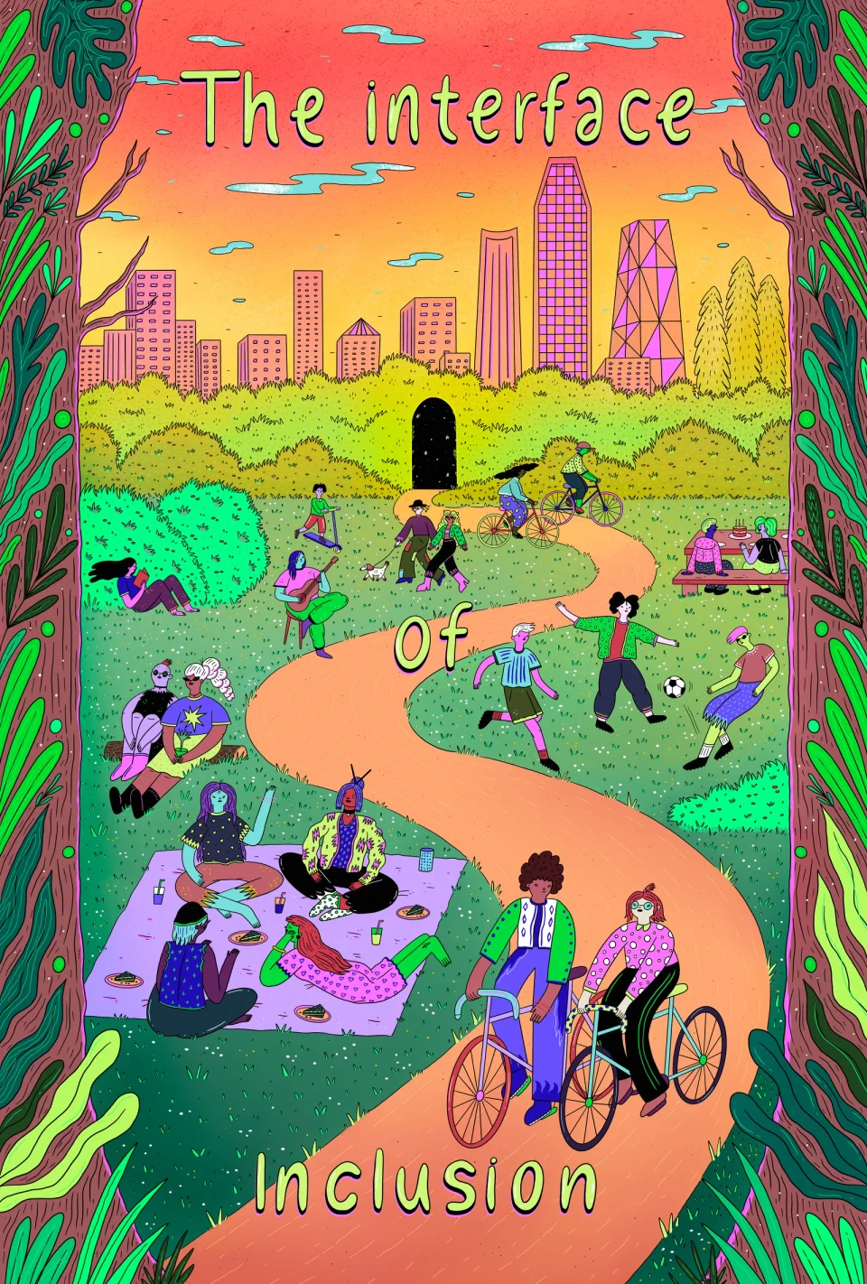 The Interface of Inclusion: a poster of a park in a pink city, with picnics and bicycles