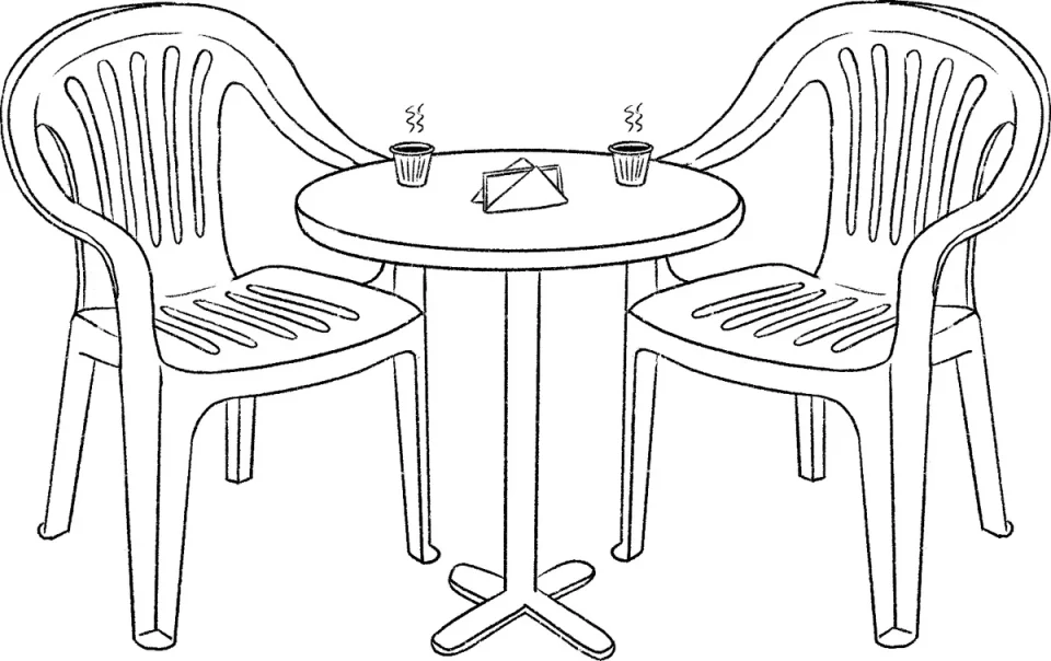 Line sketch: red plastic chairs