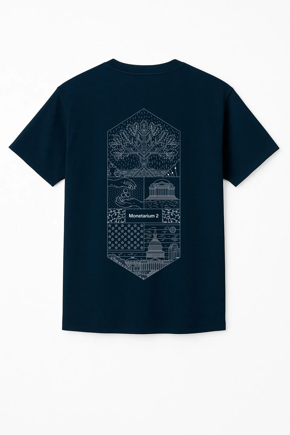 Monetarium 2 shirt back with the hexagon artwork, on a navy tee
