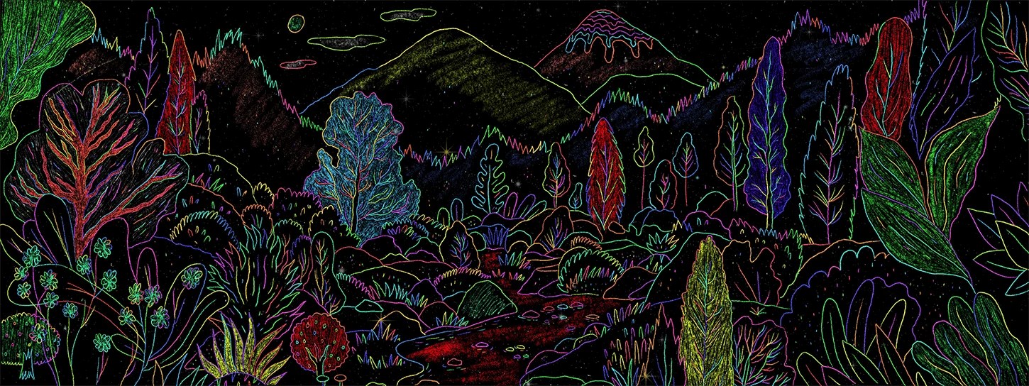 An illuminated forest of plants, animals and mountains from A Translating Body