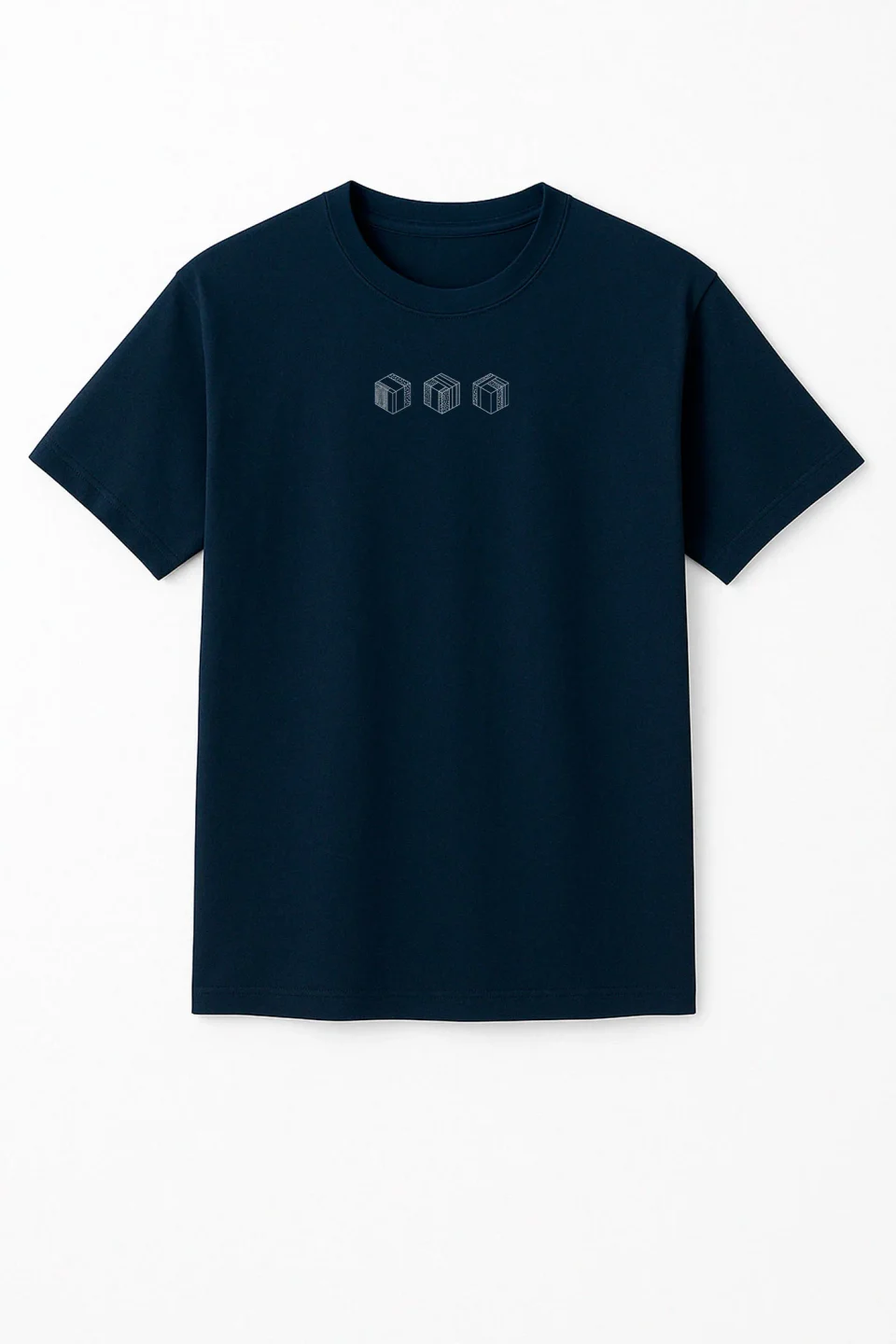 Monetarium 2 shirt front with the small cube mark, on a navy tee