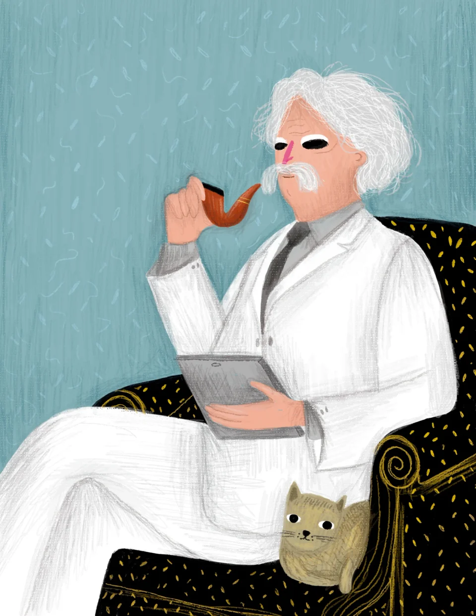Illustrated portrait of Mark Twain in a white suit, reading in an armchair with a cat, for the Tom Sóyer book
