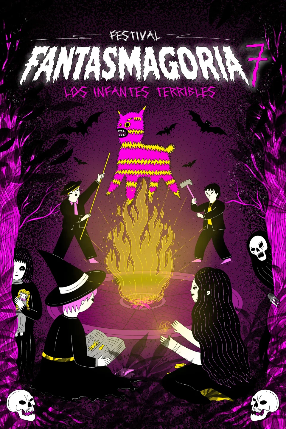 Fantasmagoría seventh edition poster: children around a bonfire with a piñata, in purple and yellow