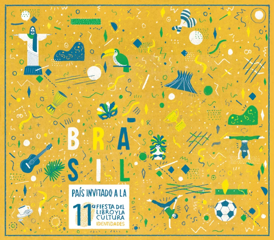 Brazil guest-country programme leaflet: a yellow field of icons, patterns and the BRASIL lettering