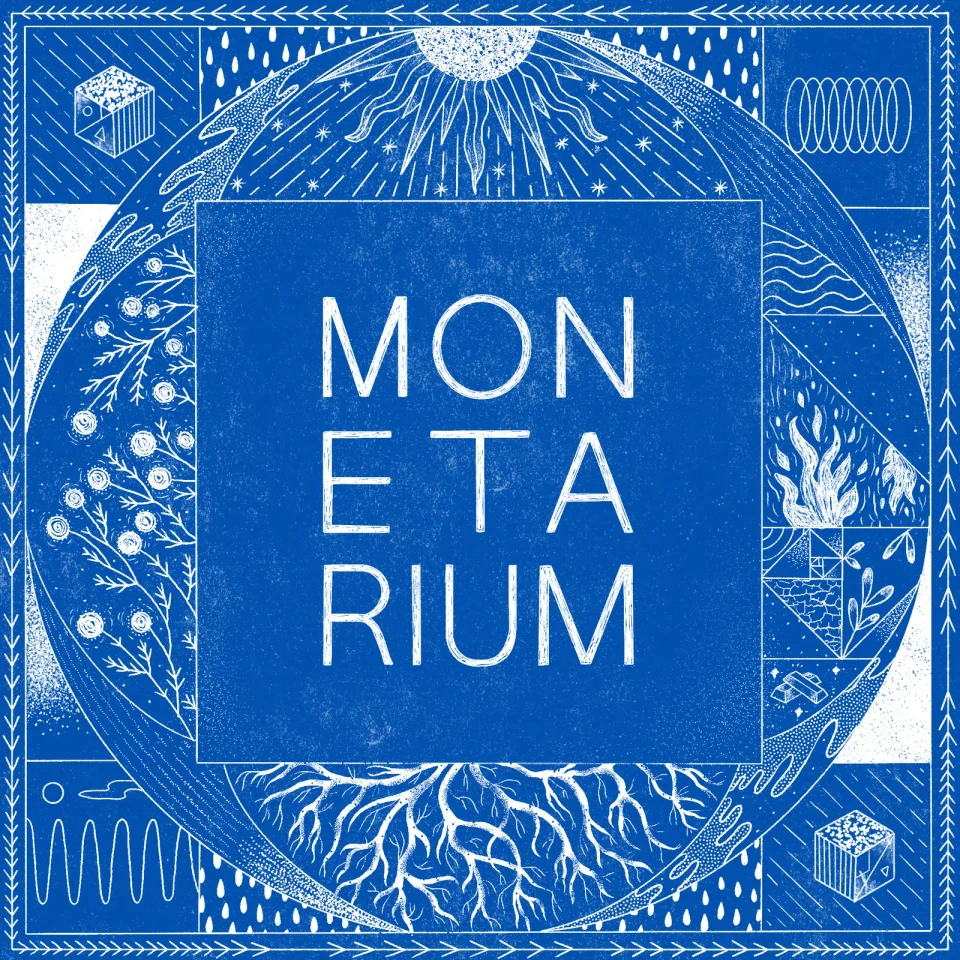 Monetarium 2024 square artwork: the sun above, roots below, flowers, fire and water around a circle, with MONETARIUM at the centre, in white line on blue