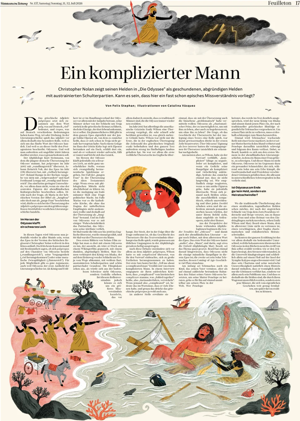 The printed page of Süddeutsche Zeitung with the Odyssey illustration