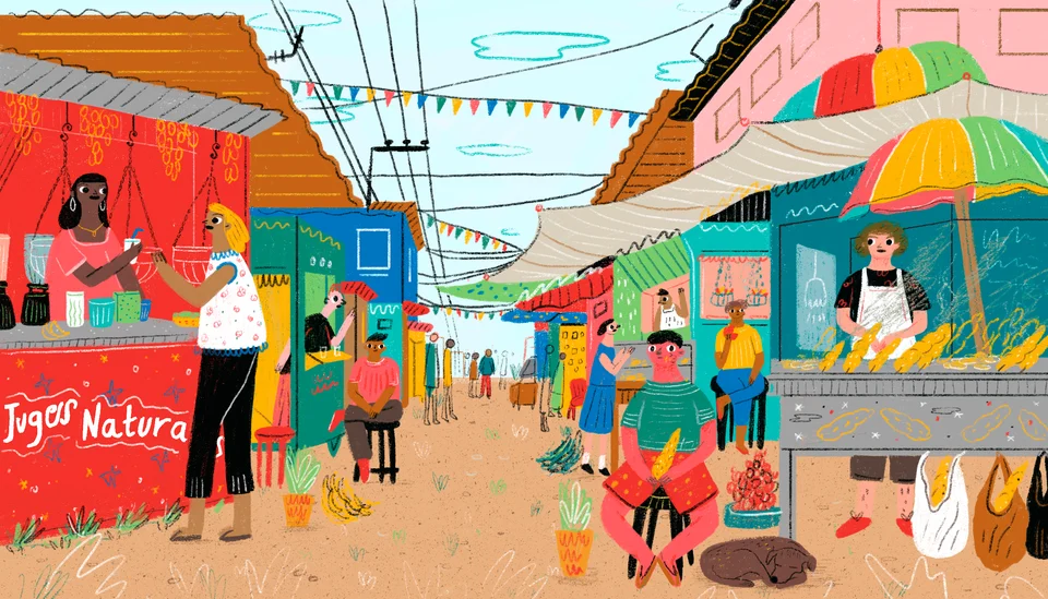 Colourful Colombian street scene with food stalls, pedestrians and bunting