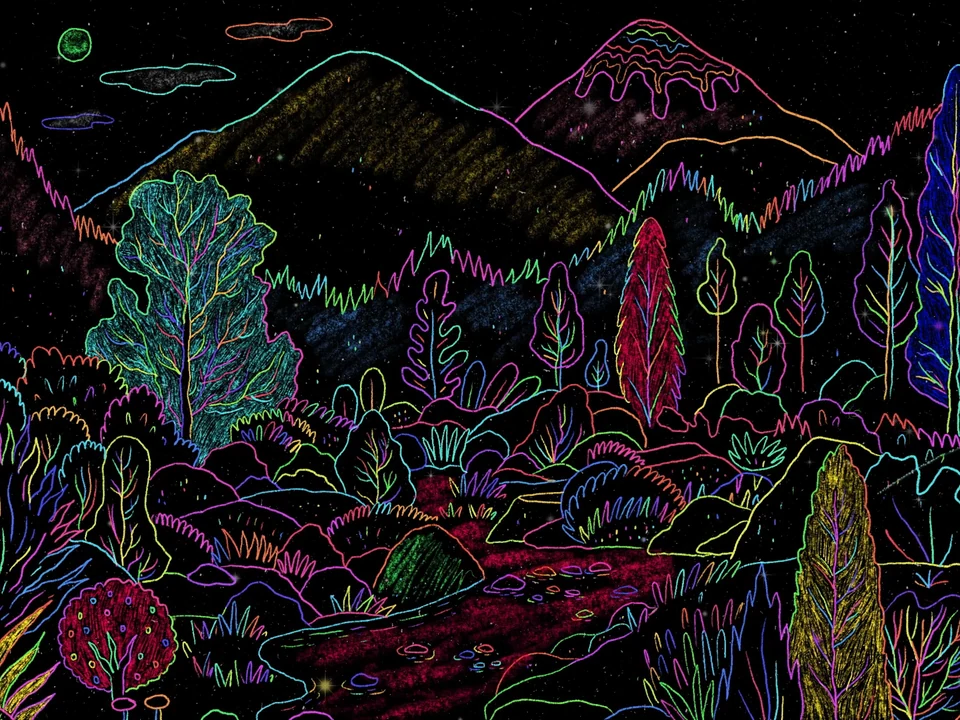 An illuminated forest of plants, trees and mountains drawn in coloured light, from A Translating Body